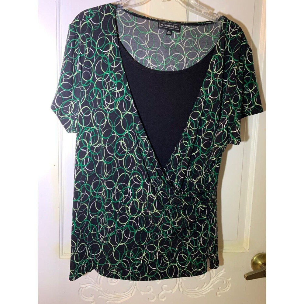 Blouse Elementz Size XL Black Green White Rings Wrap Faux Built In Tank Women